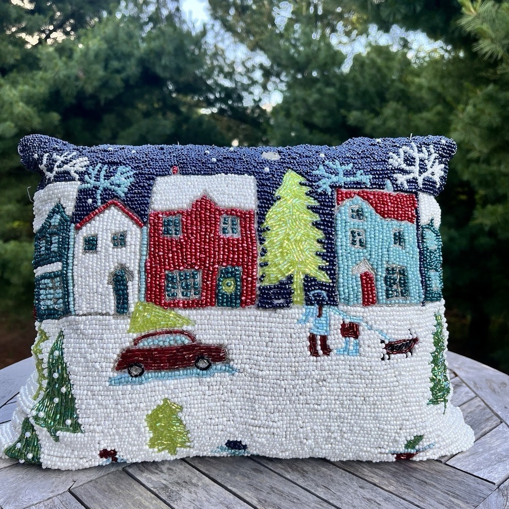 Cherish Tradition Beaded Christmas Village Throw Pillow Cover Zipper Back 15x11"